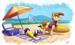 Size: 1800x1074 | Tagged: safe, artist:tsitra360, derpibooru import, princess celestia, oc, alicorn, earth pony, pony, unicorn, beach, beach towel, beach umbrella, city, cityscape, clothes, female, giantlestia, lying down, macro, male, mare, prone, stallion, sunglasses, surfboard, trio