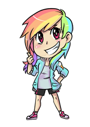 Size: 1024x1449 | Tagged: safe, artist:laceysdraws, derpibooru import, rainbow dash, human, big head, chibi, clothes, converse, deviantart watermark, grin, humanized, long mane, multicolored hair, obtrusive watermark, pink eyes, rainbow hair, shoes, shorts, simple background, smiling, socks, solo, transparent background, watermark