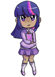 Size: 1024x1449 | Tagged: safe, artist:laceysdraws, derpibooru import, twilight sparkle, human, beanbrows, book, bowtie, chibi, clothes, collar, deviantart watermark, eye clipping through hair, eyebrows, humanized, obtrusive watermark, open mouth, simple background, skirt, socks, solo, transparent background, watermark
