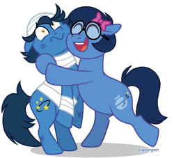 Size: 1200x1091 | Tagged: safe, artist:pigeorgien, derpibooru import, earth pony, pony, bandage, bow, brother and sister, cute, duo, female, glasses, hair bow, hug, little miss whoops, male, mare, mr. bump, mr. men, ponified, show accurate, siblings, simple background, stallion, the mr. men show, white background