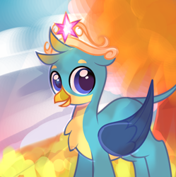 Size: 890x893 | Tagged: artist needed, source needed, safe, derpibooru import, gallus, griffon, autumn, big crown thingy, crown, cute, element of magic, gallabetes, jewelry, looking at you, open mouth, regalia, smiling, solo