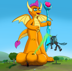 Size: 1280x1250 | Tagged: safe, artist:neondragon, derpibooru import, cozy glow, lord tirek, queen chrysalis, smolder, centaur, changeling, dragon, taur, dragoness, feet, female, macro, scepter