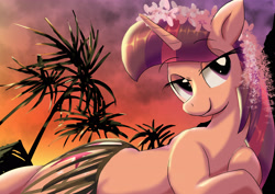 Size: 3508x2480 | Tagged: safe, artist:neoshrek, derpibooru import, twilight sparkle, unicorn twilight, pony, unicorn, female, floral head wreath, flower, mare, palm tree, solo, tree