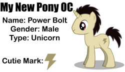 Size: 1671x965 | Tagged: safe, artist:slickblade, derpibooru import, oc, oc only, oc:power bolt, pony, unicorn, cutie mark, hooves, horn, male, photo, simple background, smiling, solo, stallion, standing, text, unicorn oc, white background