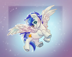 Size: 1502x1198 | Tagged: safe, artist:avui, derpibooru import, oc, oc only, pegasus, flying, heterochromia, looking at you, pegasus oc, solo, spread wings, unshorn fetlocks, wings