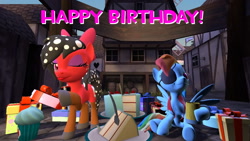 Size: 1280x720 | Tagged: safe, artist:dragonboi471, derpibooru import, rainbow dash, oc, oc:cherry soda, earth pony, pegasus, pony, 3d, birthday, gmod, pirate dash