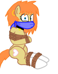 Size: 581x733 | Tagged: safe, alternate version, artist:bluesplendont, derpibooru import, oc, oc only, oc:katie, earth pony, pony, bondage, cloth gag, ear piercing, gag, piercing, rope, rope bondage, ropes, scared, shocked, shocked expression, simple background, solo, tied up, white background