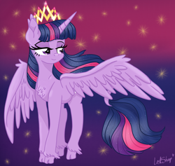 Size: 5000x4730 | Tagged: safe, artist:lostsheep, derpibooru import, twilight sparkle, twilight sparkle (alicorn), alicorn, pony, absurd resolution, chest fluff, cloven hooves, crown, ear tufts, eyebrows, female, gradient background, jewelry, leonine tail, lidded eyes, mare, regalia, signature, smiling, solo, spread wings, stars, tail, wings