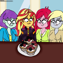 Size: 2320x2324 | Tagged: safe, artist:rdj1995, derpibooru import, blueberry pie, derpy hooves, raspberry fluff, sunset shimmer, equestria girls, food, muffin, summer fruit muffins, the muffins