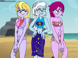 Size: 2560x1920 | Tagged: safe, artist:rdj1995, derpibooru import, fuchsia blush, lavender lace, trixie, equestria girls, beach, clothes, summer, swimsuit, trixie and the illusions