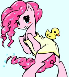 Size: 1111x1246 | Tagged: safe, artist:ponysprinkles, derpibooru import, pinkie pie, earth pony, semi-anthro, bipedal, blue background, blush sticker, blushing, female, looking at you, mare, rubber duck, simple background, solo, towel, wet, wet mane