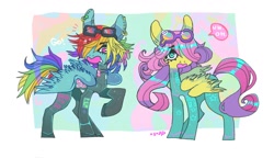 Size: 1474x850 | Tagged: safe, artist:mmyusoap, derpibooru import, fluttershy, rainbow dash, pegasus, pony, abstract background, duo, duo female, ear piercing, earring, emanata, female, goggles, hair over one eye, jewelry, looking at you, mare, open mouth, piercing, raised hoof, raised leg, simple background, speech bubble, white background, wings