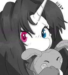 Size: 1440x1584 | Tagged: safe, artist:ishikawachichan, derpibooru import, oc, oc only, pony, unicorn, art tra, bust, clothes, female, heart, heterochromia, horn, japanese, looking at you, mare, plushie, portrait, simple background, solo, white background