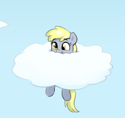 Size: 801x756 | Tagged: safe, artist:heretichesh, derpibooru import, derpy hooves, pegasus, pony, cloud, cute, derpabetes, female, filly, filly derpy, foal, happy, simple background, sky, solo, stuck, younger