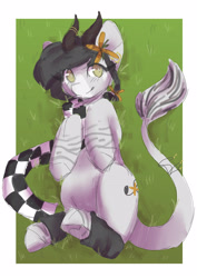 Size: 2894x4093 | Tagged: safe, artist:snowflake_pone, derpibooru import, oc, oc:sound error, earth pony, braid, clothes, cutie mark, ear piercing, earth pony oc, female, flower, flower in hair, horns, jewelry, leg warmers, leonine tail, lying down, piercing, scarf, solo, tail