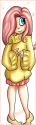 Size: 482x1666 | Tagged: safe, artist:odd-pocket, derpibooru import, fluttershy, human, 2011, blushing, clothes, cute, female, hair over one eye, heart, humanized, old art, shy, shyabetes, simple background, solo, sweater, sweatershy, white background