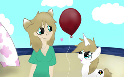 Size: 1077x666 | Tagged: safe, artist:balloons504, derpibooru import, oc, oc only, oc:balloons, human, pony, unicorn, balloon, beach, female, heart, mare, ocean, sand, surfboard, that pony sure does love balloons, water, woman