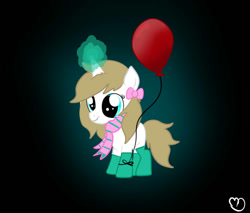 Size: 734x626 | Tagged: safe, artist:balloons504, derpibooru import, oc, oc only, oc:balloons, pony, unicorn, balloon, black background, bow, clothes, female, filly, foal, magic, scarf, simple background, socks, solo, telekinesis, that pony sure does love balloons, younger