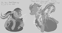 Size: 1572x828 | Tagged: safe, artist:retl, derpibooru import, lightning dust, rainbow dash, balloon, balloon riding, balloon sitting, dialogue, grayscale, monochrome, static electricity, that pony sure does love balloons