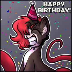 Size: 4500x4500 | Tagged: safe, artist:sadfloorlamp, derpibooru import, oc, oc only, hybrid, pony, absurd resolution, birthday, confetti, cute, eyebrows, eyes closed, female, gradient background, grin, happy birthday, hat, mare, nose piercing, ocbetes, party hat, piercing, ponified, septum piercing, signature, smiling, snake tail, solo, tail, teeth, unnamed oc