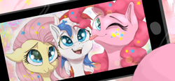 Size: 2300x1080 | Tagged: safe, artist:shaslan, derpibooru import, fluttershy, pinkie pie, oc, oc:britannia (uk ponycon), earth pony, pegasus, pony, :p, tongue, tongue out