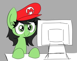 Size: 1014x796 | Tagged: safe, artist:pizzahutjapan, derpibooru import, oc, oc:anon filly, earth pony, pony, computer, female, filly, foal, mario hat, solo