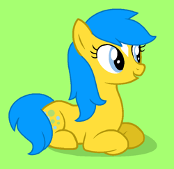 Size: 758x738 | Tagged: safe, artist:jigglewiggleinthepigglywiggle, derpibooru import, bubbles (g1), earth pony, pony, g1, g4, adorabubbles, base used, blue eyes, blue hair, blue mane, blue tail, coat markings, cute, facial markings, female, g1 to g4, generation leap, green background, lying down, mare, open mouth, open smile, prone, shadow, simple background, sitting, smiling, star (coat marking), tail