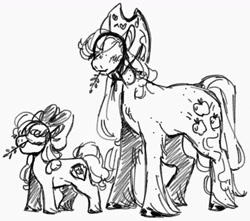Size: 1280x1129 | Tagged: safe, artist:rare-apples, derpibooru import, apple bloom, applejack, earth pony, pony, duo, female, filly, foal, mare, siblings, sisters, sketch
