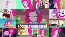 Size: 1968x1109 | Tagged: safe, derpibooru import, edit, edited screencap, editor:quoterific, screencap, fluttershy, pinkie pie, dance magic, equestria girls, equestria girls series, friendship games, holidays unwrapped, legend of everfree, mirror magic, spring breakdown, the craft of cookies, tip toppings, too hot to handle, spoiler:eqg series (season 2), spoiler:eqg specials, cake, clothes, cupcake, eyes closed, food, lifejacket, one-piece swimsuit, open mouth, saving pinkie's pie, snowcone, swimsuit