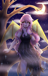 Size: 2450x3850 | Tagged: safe, artist:ashes-arts, artist:mylittleyuri, derpibooru import, fluttershy, bat pony, human, alternate hairstyle, bat ponified, blushing, clothes, cloud, crescent moon, cute, dress, fangs, female, flutterbat, fog, humanized, moon, night, race swap, shyabates, shyabetes, solo, stars, tree, winged humanization, wings