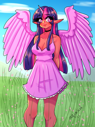 Size: 3024x4032 | Tagged: safe, artist:ashes-arts, artist:mylittleyuri, derpibooru import, twilight sparkle, human, alicorn humanization, blushing, breasts, choker, clothes, cute, dress, elf ears, female, flower, grass, horn, horned humanization, humanized, solo, twiabetes, winged humanization, wings