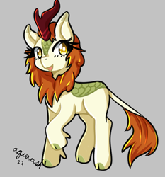 Size: 1791x1925 | Tagged: safe, artist:ashes-arts, artist:mylittleyuri, derpibooru import, autumn blaze, kirin, awwtumn blaze, cute, female, gray background, open mouth, raised hoof, raised leg, simple background, solo