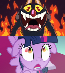 Size: 1920x2160 | Tagged: safe, derpibooru import, edit, edited screencap, screencap, twilight sparkle, twilight sparkle (alicorn), alicorn, pony, season 9, the ending of the end, comparison, cuphead, ears, evil laugh, fire, floppy ears, laughing, shrunken pupils, terrified, the cuphead show, the devil