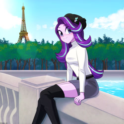 Size: 800x800 | Tagged: safe, artist:riouku, derpibooru import, starlight glimmer, equestria girls, belt, beret, blushing, boots, clothes, cloud, commission, cute, eiffel tower, female, france, french, glimmerbetes, hat, knee-high boots, looking at you, paris, shoes, skirt, sky, solo, sweater, tree, water