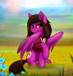 Size: 1633x1691 | Tagged: safe, artist:dushnila, derpibooru import, pegasus, pony, bedroom eyes, clothes, commission, ear fluff, ears, field, grass, looking at you, male, nose piercing, outdoors, partially open wings, pierce the veil, piercing, ponified, raised hoof, raised leg, shirt, sitting, sleeping with sirens, solo, stallion, t-shirt, vic fuentes, wings, ych result