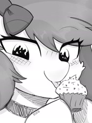 Size: 1440x1920 | Tagged: safe, artist:ishikawachichan, derpibooru import, oc, oc only, pony, cupcake, eating, eye clipping through hair, female, food, grayscale, happy birthday, japanese, licking, mare, monochrome, solo, tongue, tongue out