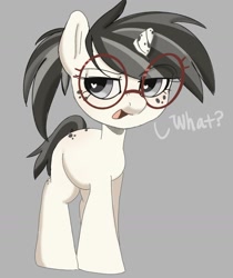 Size: 1199x1425 | Tagged: safe, alternate version, artist:mushy, ponerpics import, oc, oc only, oc:steelie, pony, unicorn, female, filly, foal, freckles, glasses, gray background, heart, heart eyes, mare, open mouth, simple background, smiling, talking, wingding eyes