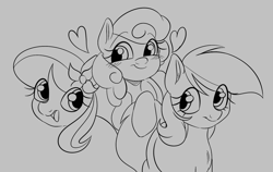 Size: 1360x860 | Tagged: safe, artist:mushy, ponerpics import, daisy, flower wishes, lily, lily valley, roseluck, earth pony, pony, aggie.io, blushing, female, flower trio, heart, mare, monochrome, open mouth, simple background, smiling