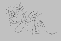 Size: 992x662 | Tagged: safe, artist:mushy, ponerpics import, daisy, flower wishes, pegasus, pony, aggie.io, clothes, female, heart eyes, lying down, mare, monochrome, open mouth, panties, pillow, simple background, sketch, smiling, species swap, spread wings, underwear, wingding eyes, wings