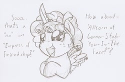 Size: 1024x667 | Tagged: safe, artist:ravenpuff, derpibooru import, cozy glow, pony, blade, deleted from derpibooru, fake alicorn, fake horn, monochrome, solo, traditional art