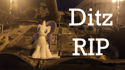 Size: 4000x2250 | Tagged: safe, derpibooru import, rarity, pony, album cover, in memoriam, irl, military, night, photo, plushie, solo, tank (vehicle), text, ukraine, war