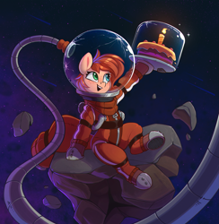 Size: 1639x1677 | Tagged: safe, artist:rexyseven, derpibooru import, oc, oc only, oc:rusty gears, pony, birthday, cake, food, heterochromia, solo, space, space helmet, spacesuit