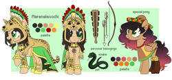 Size: 9200x4300 | Tagged: safe, artist:elberas, derpibooru import, oc, oc only, oc:marenalaxochi, oc:pancita, pegasus, pony, snake, unicorn, absurd resolution, archery, arrow, aztec, boots, bow, bracelet, cape, clothes, duo, eye scar, feather, female, freckles, headress, hoof shoes, horn, horn ring, jaguar, jewelry, lesbian, macuahuitl, mare, oc x oc, open mouth, pelt, poncho, reference sheet, ring, robe, scar, shipping, shoes, socks, sombrero, sword, tattoo, weapon