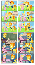 Size: 4108x7616 | Tagged: safe, artist:greenbrothersart, derpibooru import, meadow flower, spitfire, pegasus, pony, angry, button, classroom, clothes, comic, duo, duo female, female, hoof in mouth, mare, rainbow waterfall, runway, speech bubble, spitting, tongue, tongue out, uniform, wonderbolt trainee uniform, wonderbolts dress uniform, yelling