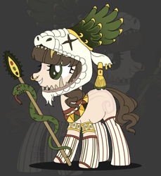 Size: 3384x3688 | Tagged: safe, artist:elberas, derpibooru import, oc, oc only, oc:chicomecoatl, earth pony, pony, snake, aztec, clothes, coat markings, ear piercing, earring, feather, female, fingerless gloves, gloves, grin, headress, jewelry, mare, nose piercing, nose ring, piercing, regalia, smiling, socks, solo, spear, stockings, striped socks, thigh highs, weapon