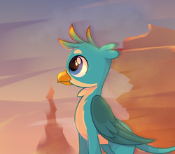 Size: 1000x878 | Tagged: artist needed, source needed, safe, derpibooru import, gallus, griffon, the hearth's warming club, cute, folded wings, gallabetes, male, rock, smiling, solo, sunset, wings