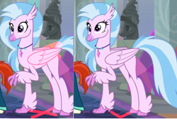 Size: 1210x813 | Tagged: safe, derpibooru import, edit, edited screencap, screencap, silverstream, sunburst, hippogriff, pony, unicorn, season 9, the last problem, spoiler:s09, duality, duo, duo male and female, female, female focus, folded wings, male, offscreen character, offscreen male, older, older silverstream, older sunburst, smiling, solo focus, stallion, wings