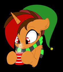 Size: 1148x1304 | Tagged: safe, artist:emilz-the-half-demon, derpibooru import, oc, oc only, oc:pyre quill, unicorn, black background, chocolate, clothes, cup, food, hat, heart, heart eyes, hot chocolate, red eyes, scarf, simple background, solo, striped scarf, wingding eyes