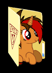 Size: 223x309 | Tagged: safe, artist:emilz-the-half-demon, derpibooru import, oc, oc:pyre quill, pony, unicorn, black background, female, folder, folder icon, lying down, mare, prone, simple background, smiling