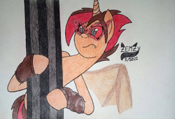 Size: 1085x736 | Tagged: safe, artist:emilz-the-half-demon, derpibooru import, oc, oc only, oc:zemzy rose oakheart, bat pony, unicorn, clothes, leg warmers, solo, split personality, traditional art